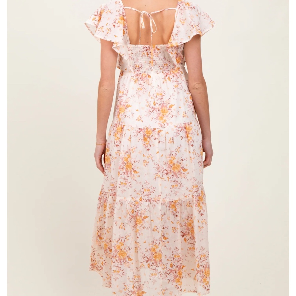 Pink Blush Peach Floral Flutter Sleeve Tiered Maternity Maxi Dress - Picture 2 of 5